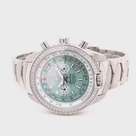 360-degree rotating view of the Jackie Seaplane Green Steel Analog Quartz Chronograph Pilot Watch by Abingdon Co., showcasing full stainless steel bracelet, luminous dial, and bezel details