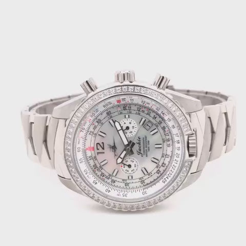 360-Degree Rotating View of Jackie Women's Pilot Watch with Dreamy White Mother-of-Pearl Dial, Swarovski Bezel, and Stainless Steel Band
