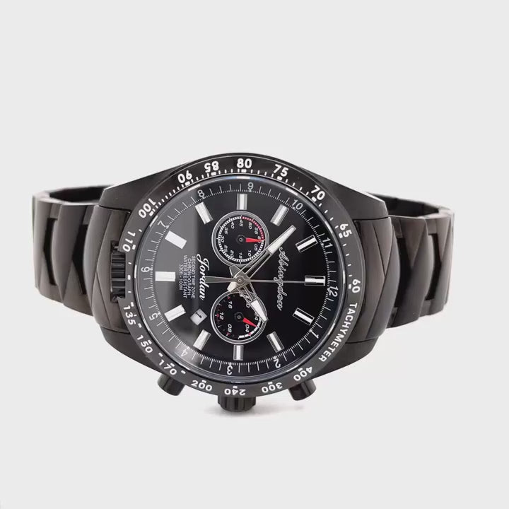 360-Degree View of Jordan Women’s Pilot Watch with Black Dial, Stainless Steel Band, Chronograph Stopwatch, and Tachymeter Bezel