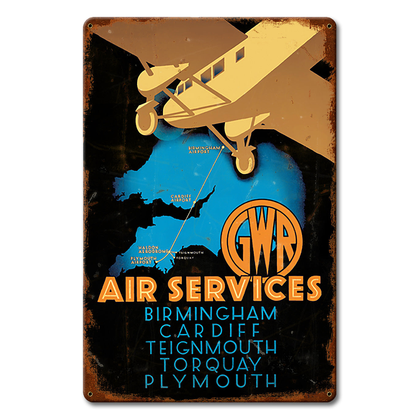 1930's Air Services Ad England Metal Sign, Worn Edge