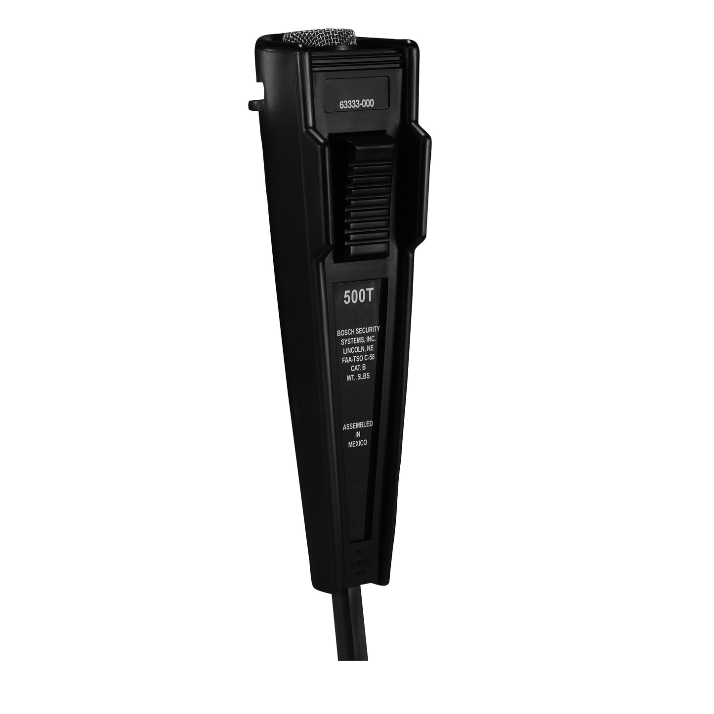 Telex 500T handheld aviation microphone with push-to-talk switch, left angle