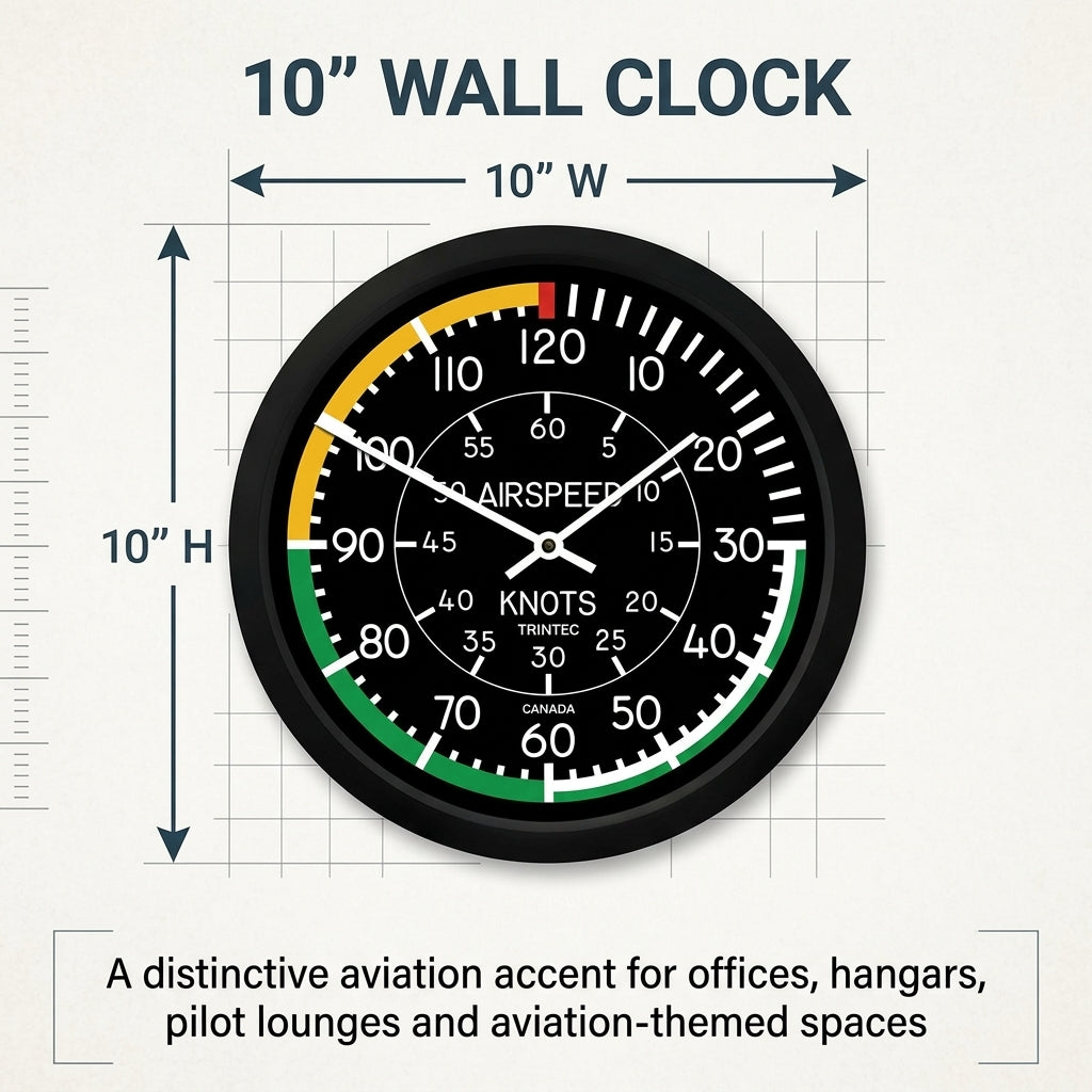Trintec 2061-10 airspeed indicator wall clock showing aircraft instrument-inspired dial details