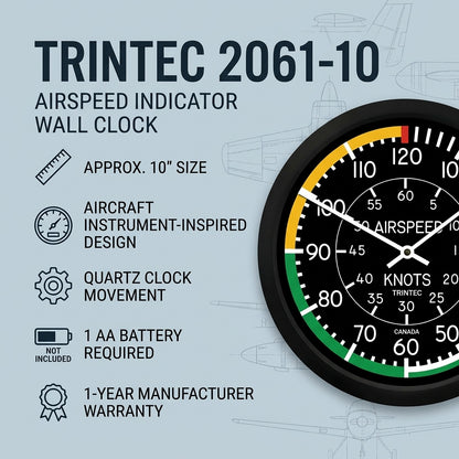Trintec 2061-10 airspeed indicator wall clock with aviation-inspired product features