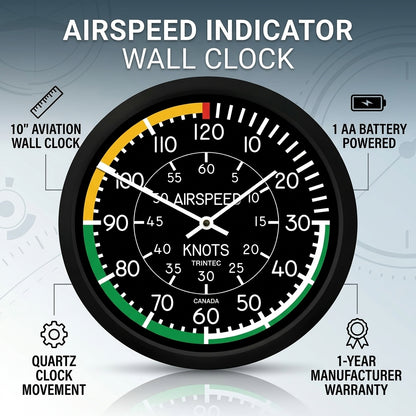 Trintec 2061-10 airspeed indicator wall clock displayed in an aviation-inspired setting
