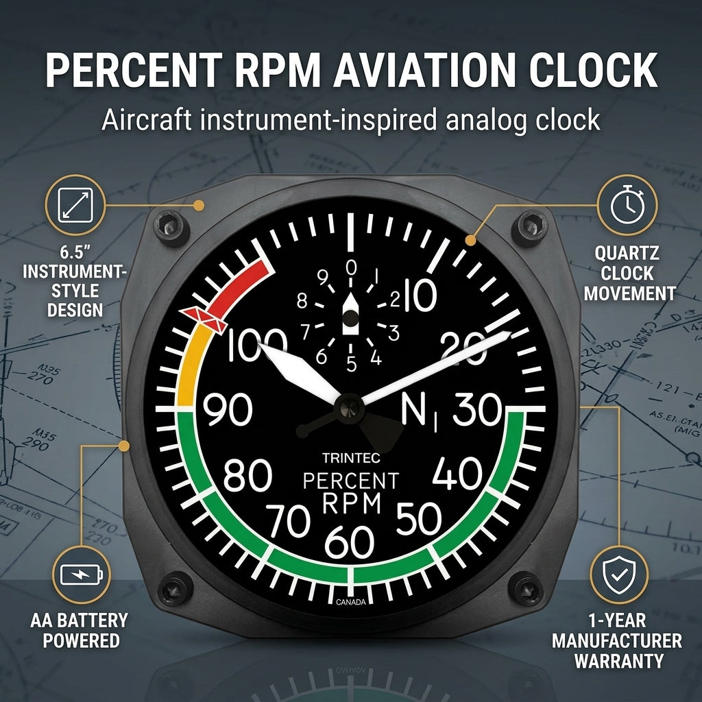 Trintec 2067 modern percent RPM instrument-style aviation clock product features