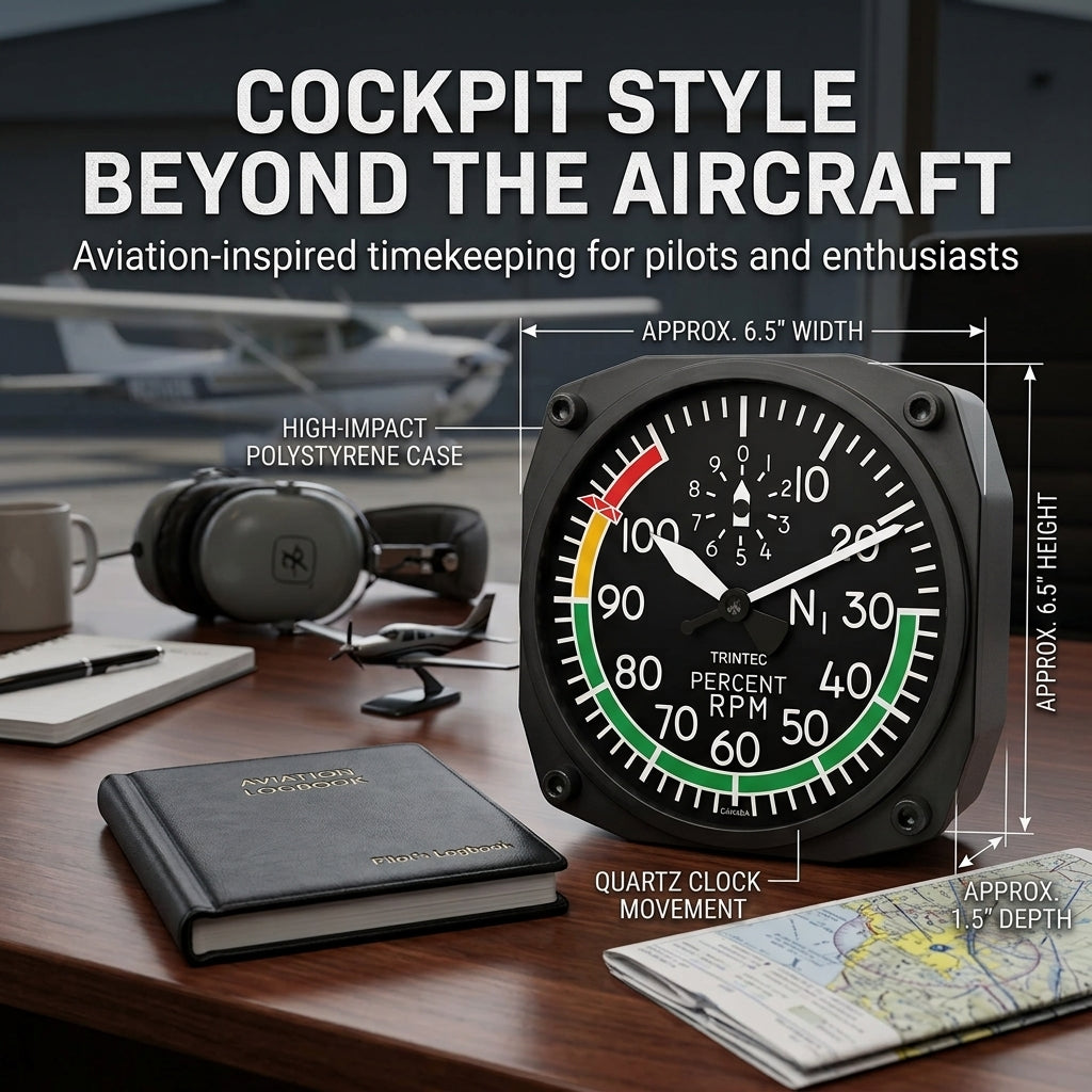 Trintec 2067 percent RPM instrument-style aviation clock displayed in an aviation-themed office