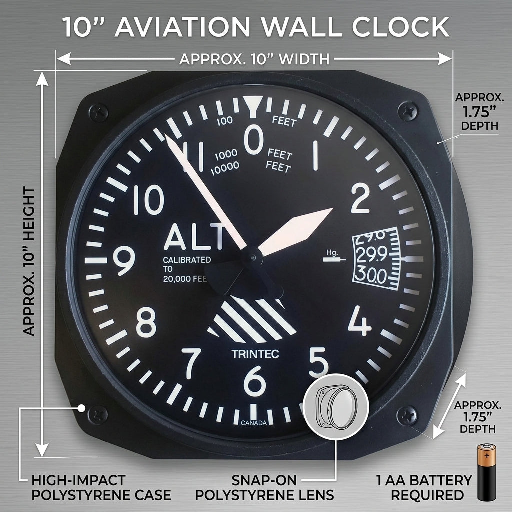 Trintec 3060-10 altimeter aviation wall clock showing 10-inch dimensions and 1.75-inch depth
