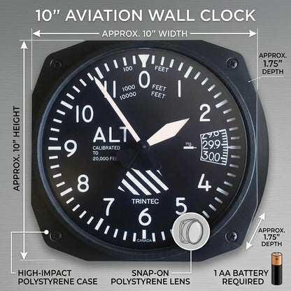 Trintec 3060-10 altimeter aviation wall clock showing 10-inch dimensions and 1.75-inch depth