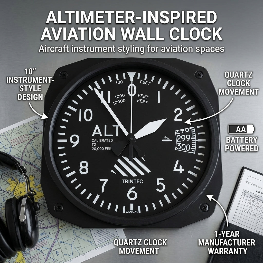 Trintec 3060-10 10-inch altimeter instrument-style aviation wall clock product features