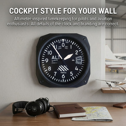 Trintec 3060-10 altimeter instrument-style wall clock displayed in an aviation-themed office