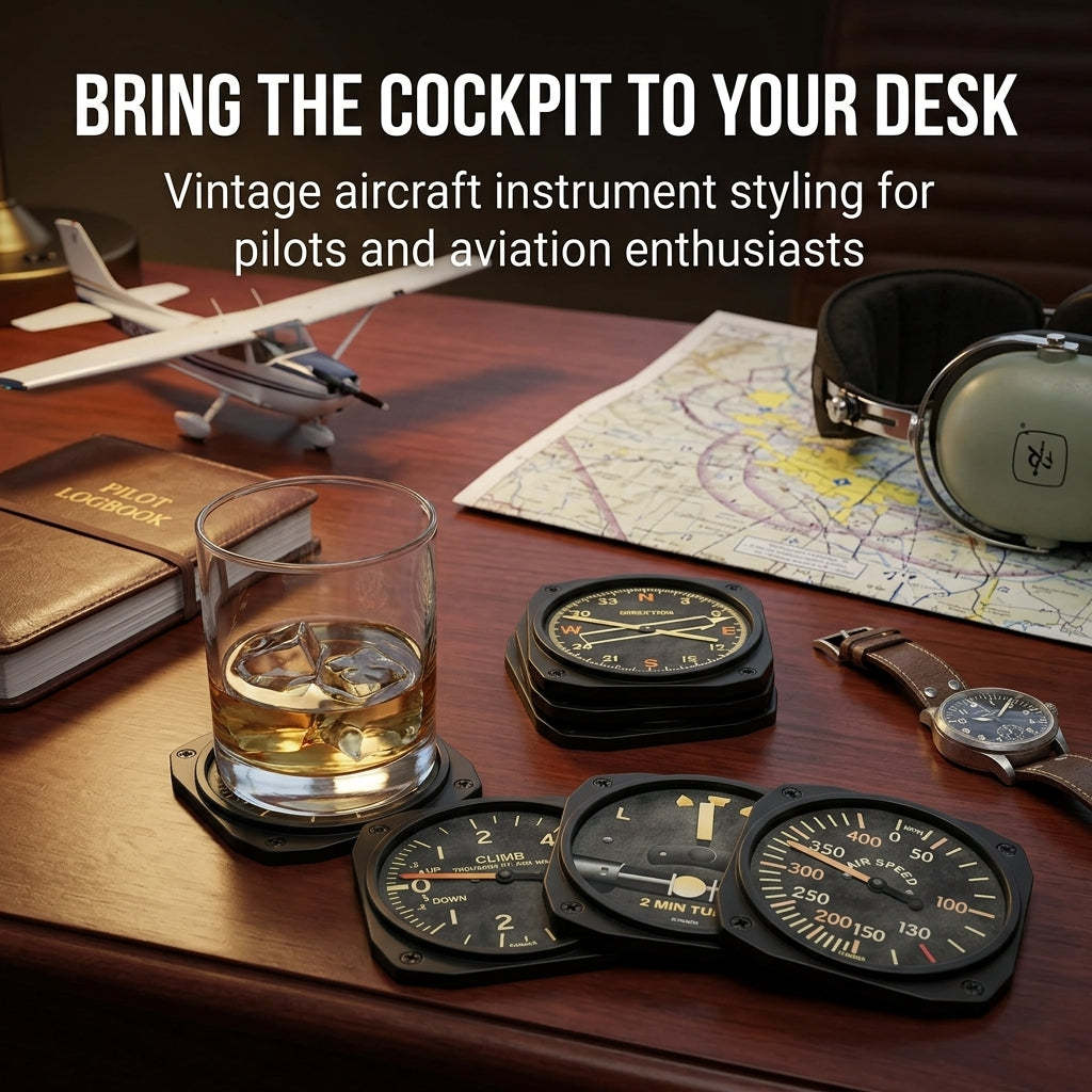 Trintec 9045 vintage aviation instrument coasters displayed in an aviation-themed setting