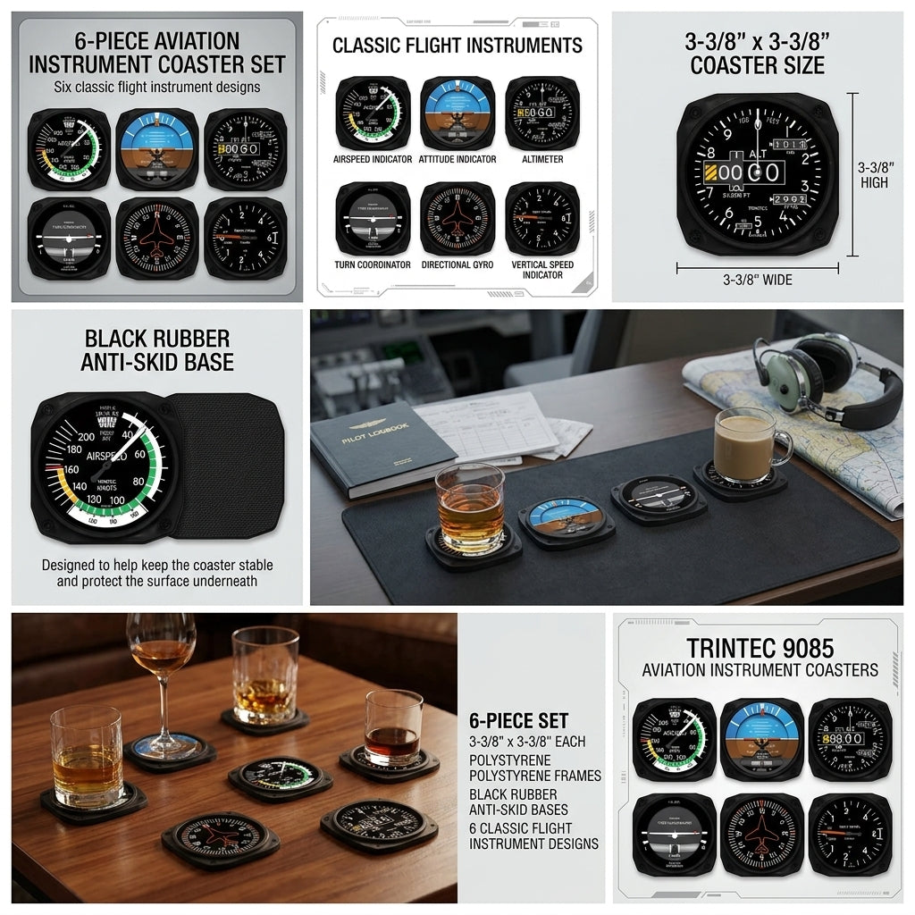 Trintec 9085 six-piece aviation instrument coaster set with flight instrument designs, dimensions and anti-skid bases