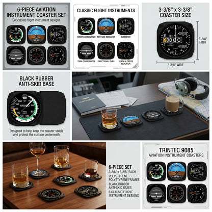 Trintec 9085 six-piece aviation instrument coaster set with flight instrument designs, dimensions and anti-skid bases