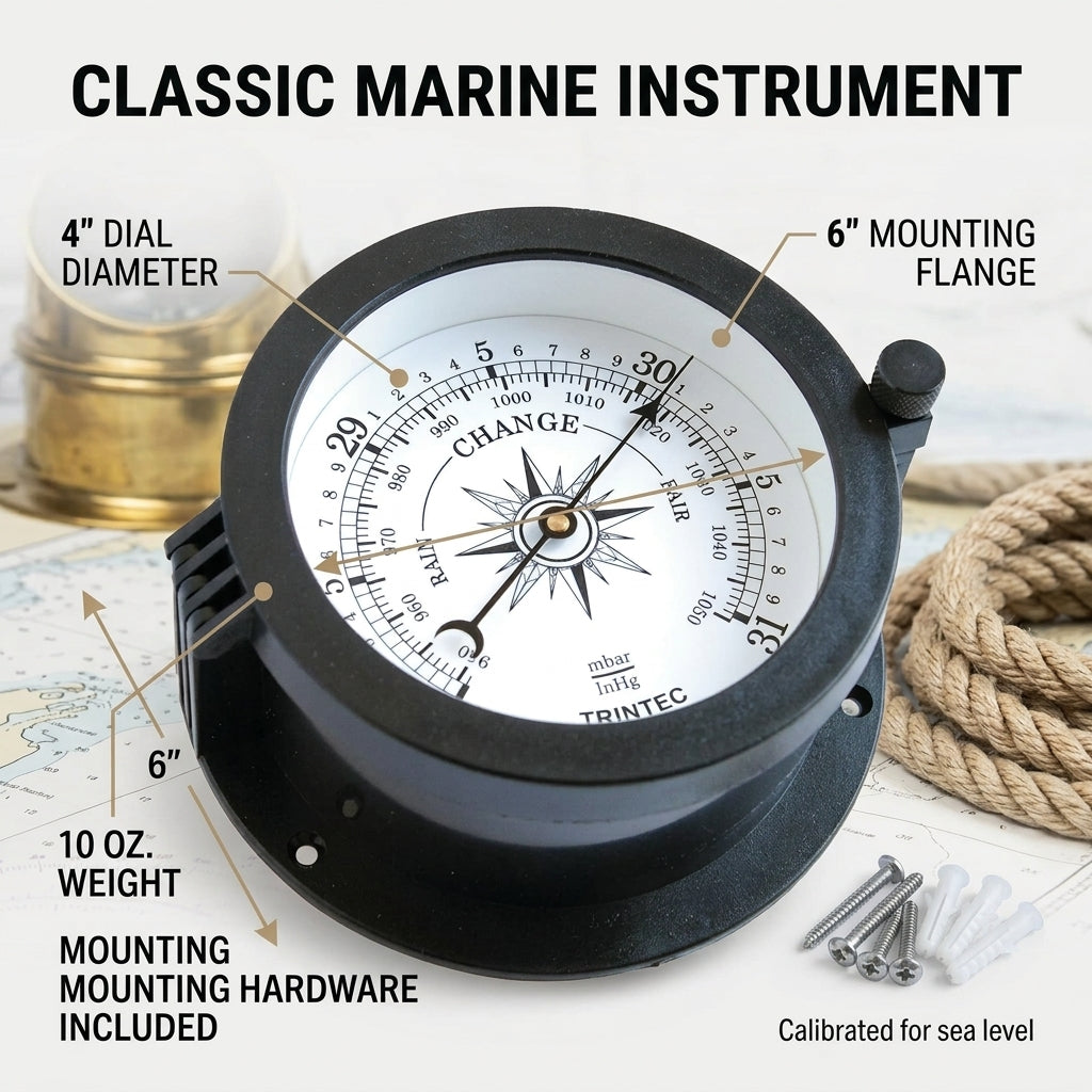 Trintec CC-W-04 Coastline Ship's barometer showing 4-inch dial and 6-inch mounting flange dimensions