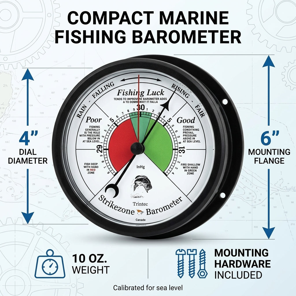 Trintec CC-W-04-FB fishing barometer showing 4-inch dial and 6-inch mounting flange dimensions