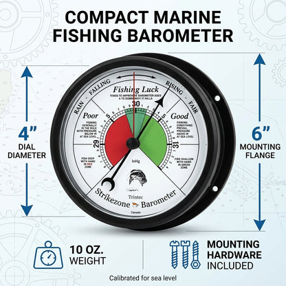 Trintec CC-W-04-FB fishing barometer showing 4-inch dial and 6-inch mounting flange dimensions