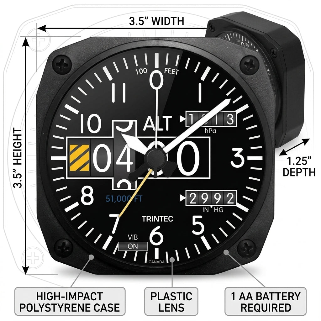 Trintec DM20 modern altimeter desk alarm clock showing 3.5 inch square dimensions and 1.25 inch depth
