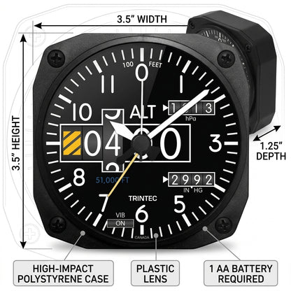 Trintec DM20 modern altimeter desk alarm clock showing 3.5 inch square dimensions and 1.25 inch depth