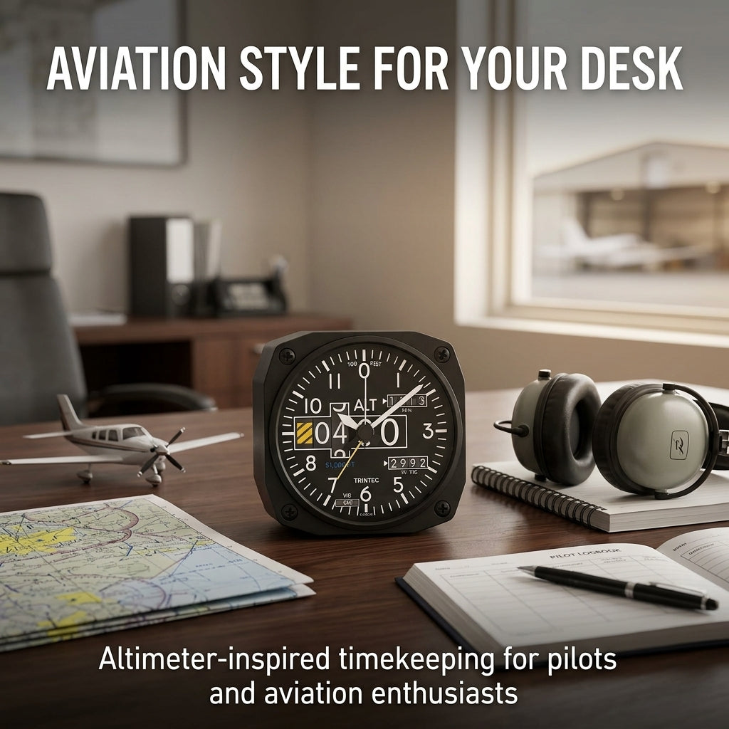 Trintec DM20 modern altimeter desk alarm clock displayed in an aviation-themed office