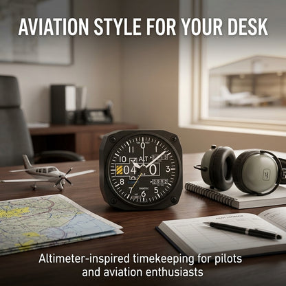 Trintec DM20 modern altimeter desk alarm clock displayed in an aviation-themed office