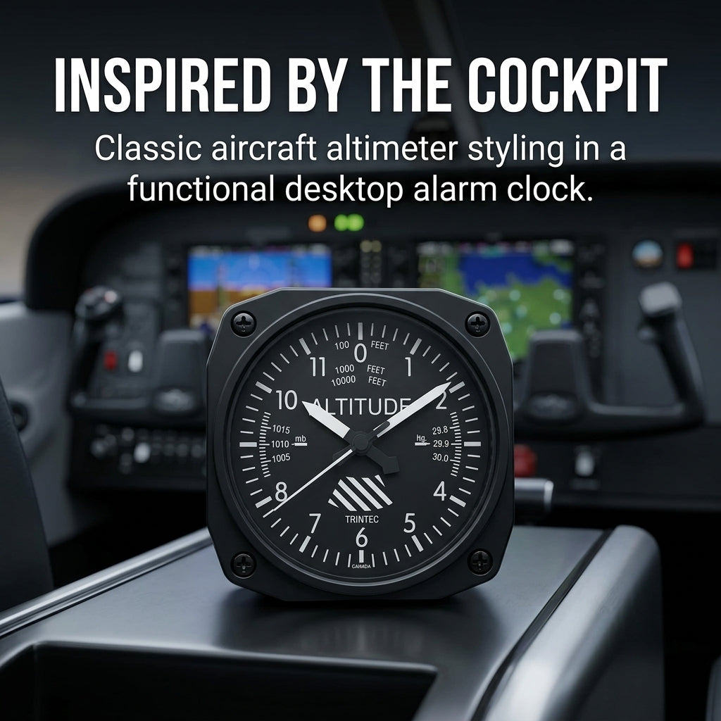 Trintec DM60 classic altimeter desk alarm clock displayed in an aviation cockpit setting