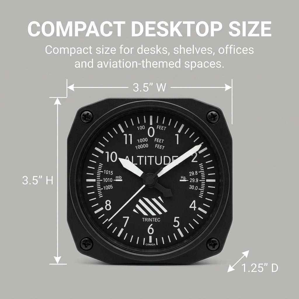 Trintec DM60 altimeter desk alarm clock dimensions 3.5 inches wide by 3.5 inches high by 1.25 inches deep