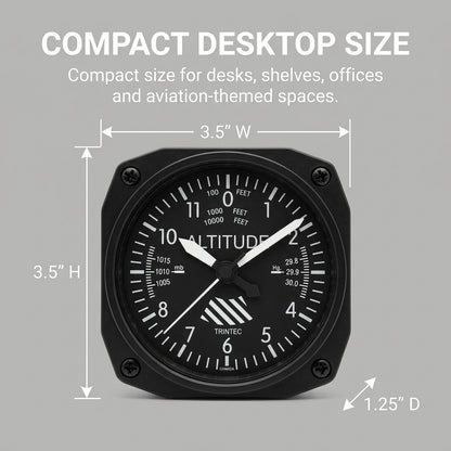 Trintec DM60 altimeter desk alarm clock dimensions 3.5 inches wide by 3.5 inches high by 1.25 inches deep