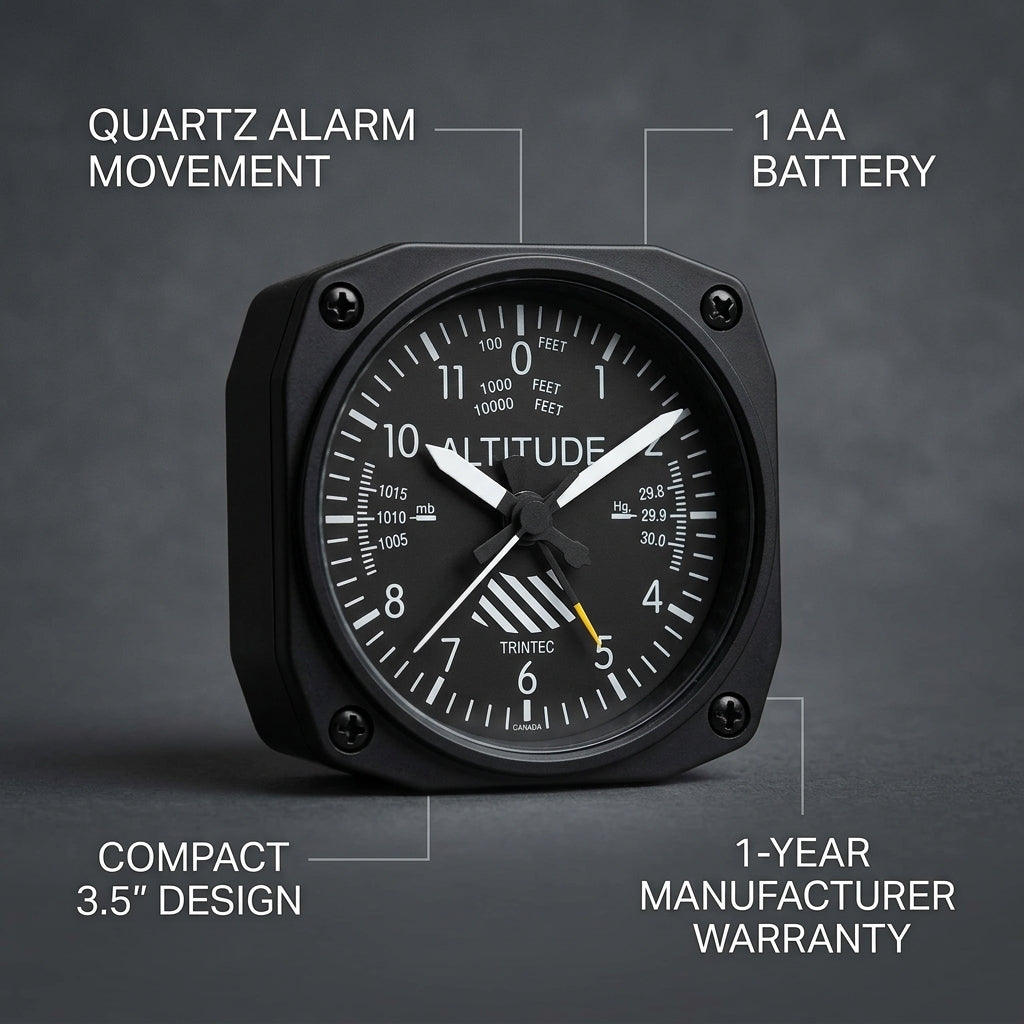 Trintec DM60 altimeter desk alarm clock with quartz movement, AA battery and 1-year manufacturer warranty