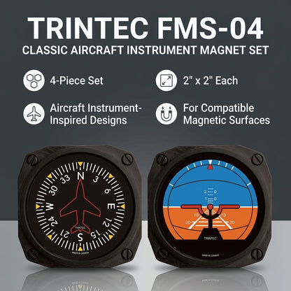 Trintec FMS-04 four-piece classic aircraft instrument magnet set with 2 x 2 inch aviation-inspired designs