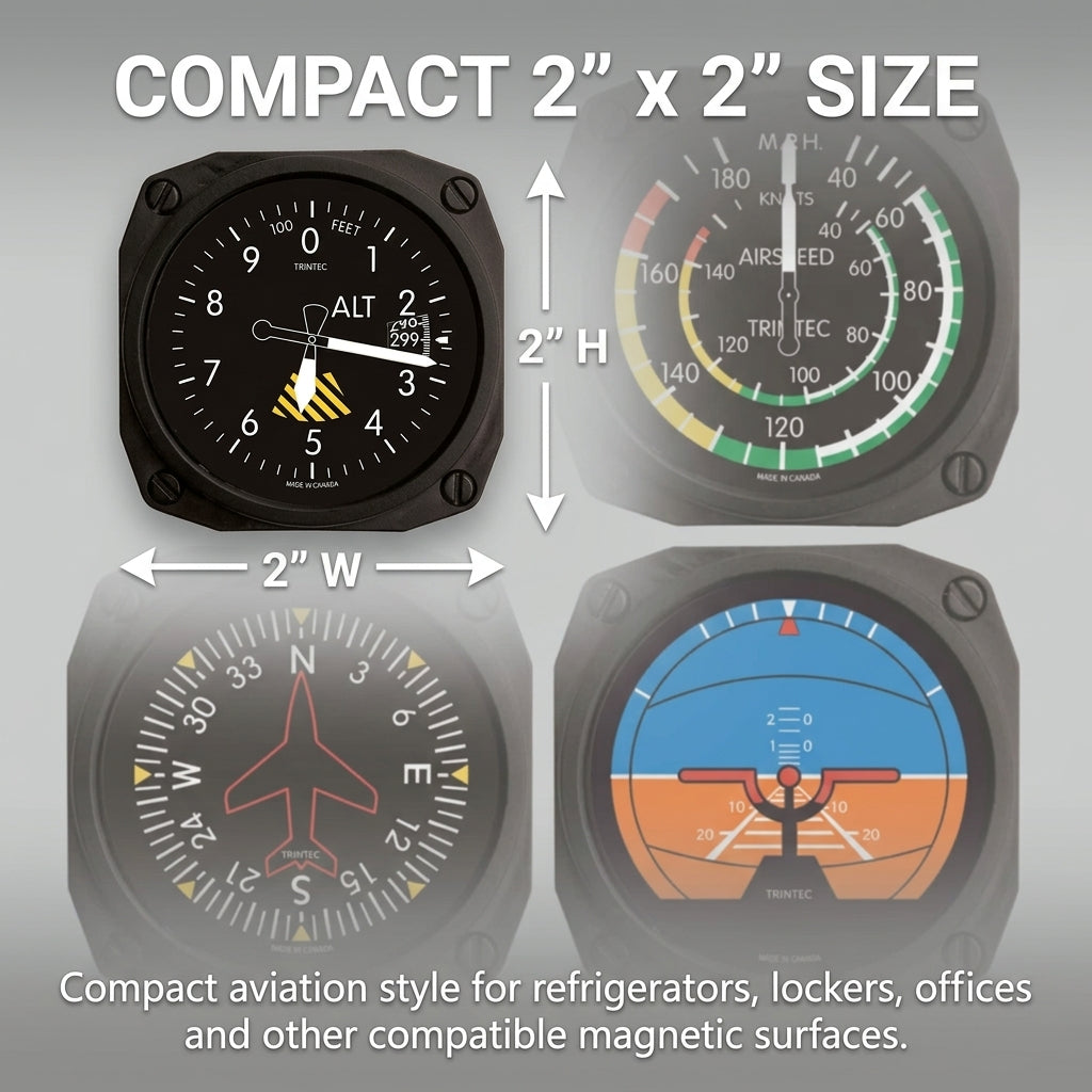 Trintec FMS-04 aircraft instrument fridge magnets measuring approximately 2 inches wide by 2 inches high