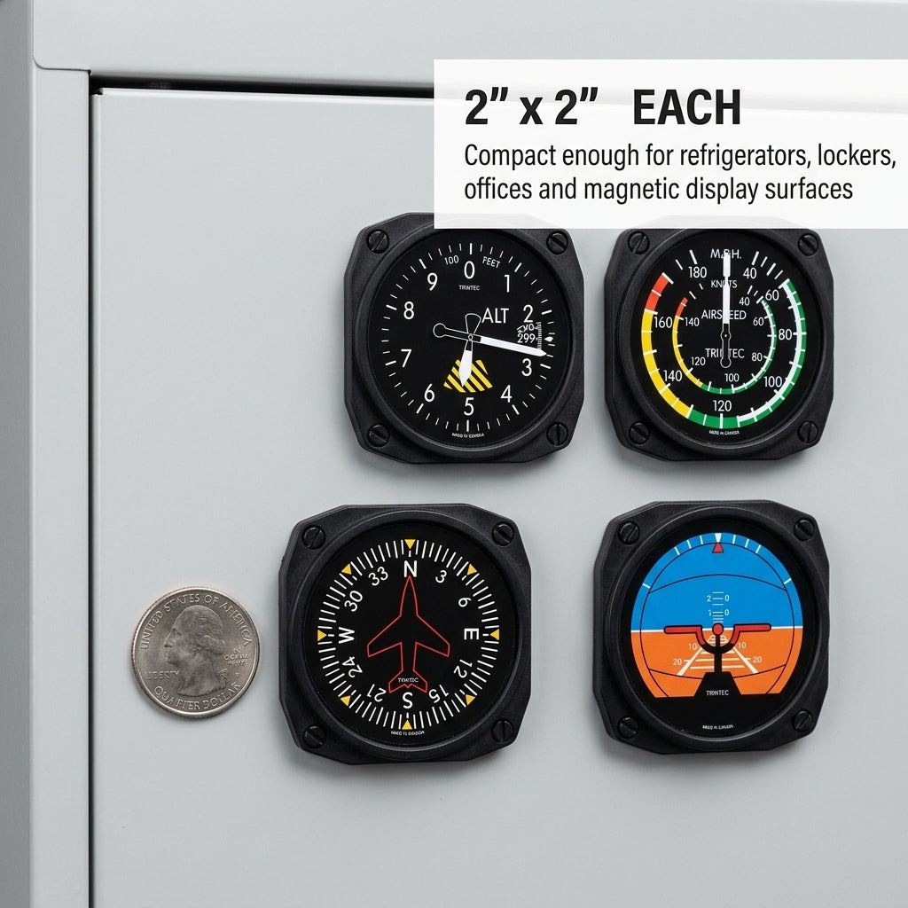 Trintec FMS-04 aircraft instrument magnets displayed on a refrigerator with size reference
