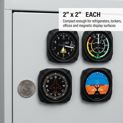 Trintec FMS-04 aircraft instrument magnets displayed on a refrigerator with size reference