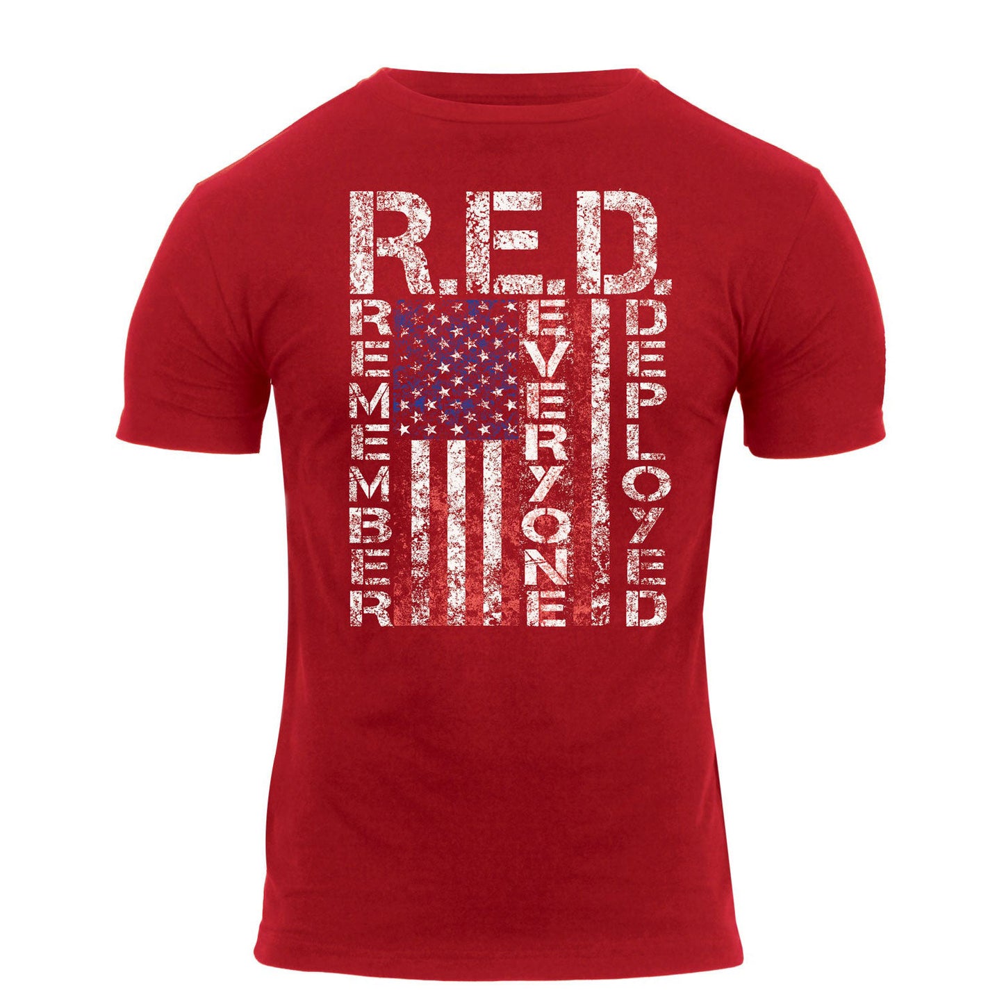 Athletic Fit R.E.D. T-Shirt – Red Crew Neck with Distressed American Flag and Remember Everyone Deployed Graphic