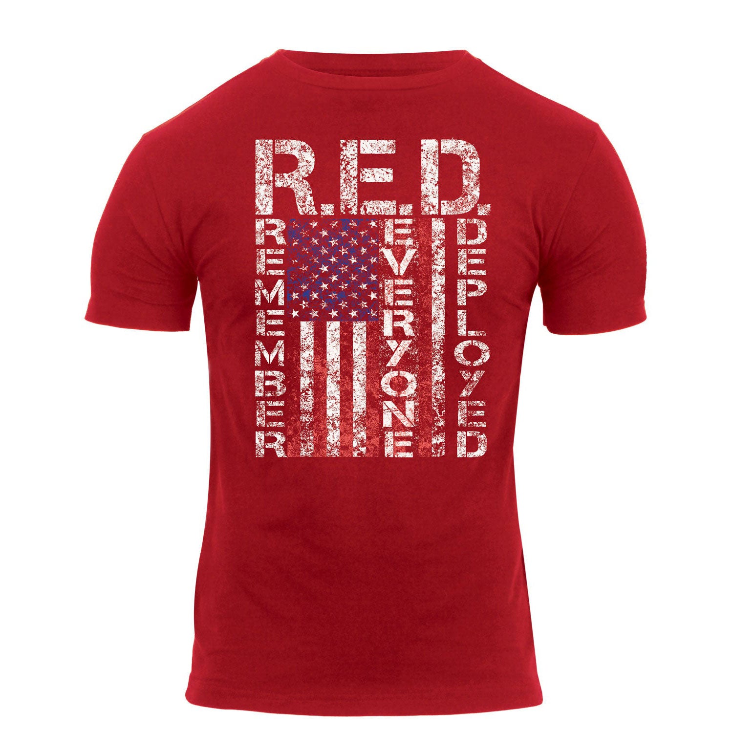 Athletic Fit R.E.D. T-Shirt – Red Crew Neck with Distressed American Flag and Remember Everyone Deployed Graphic