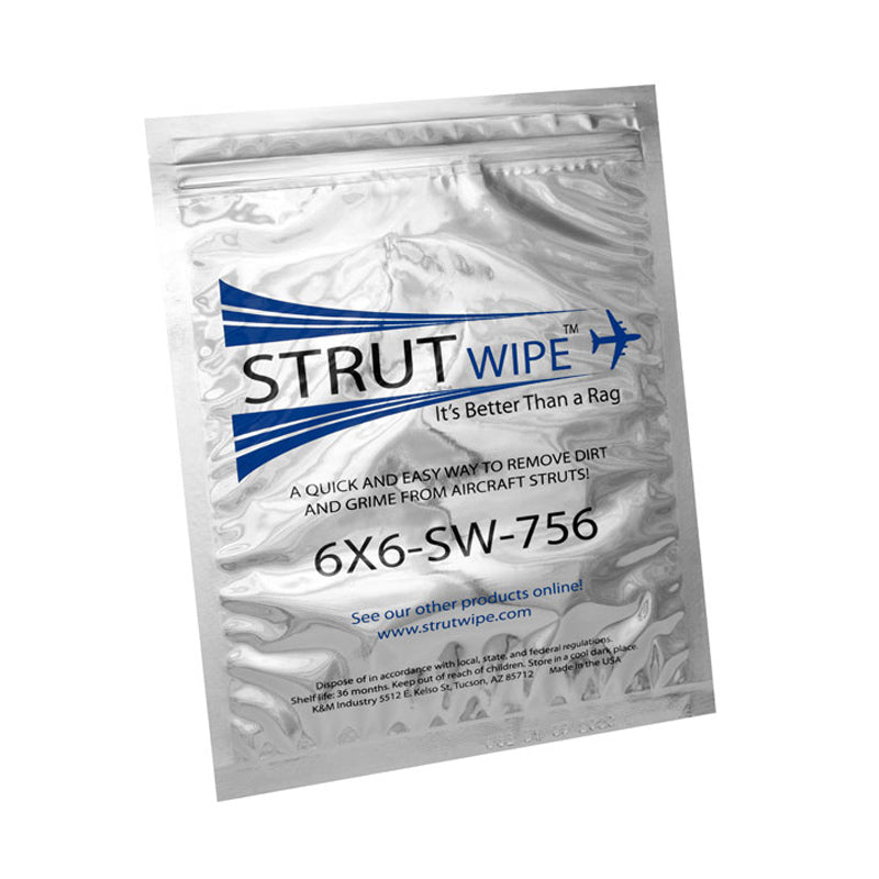 Angled front view of 6x6 StrutWipes™ aircraft wipe showing product label and secure foil packaging
