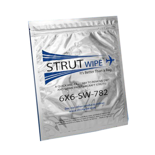 Angled view of 6x6 StrutWipe™ package pre-saturated with MIL-PRF-83282 hydraulic fluid in a tamper-proof foil pouch