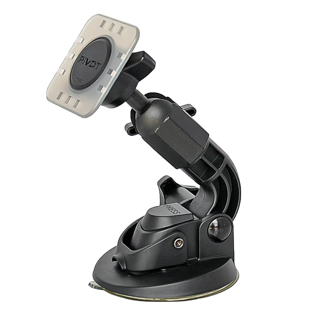 Pivot PPK-1 and PV-815FB suction cup mount angled view showing PRESS lever, articulated arm, and PIVOT PPM-S mounting plate