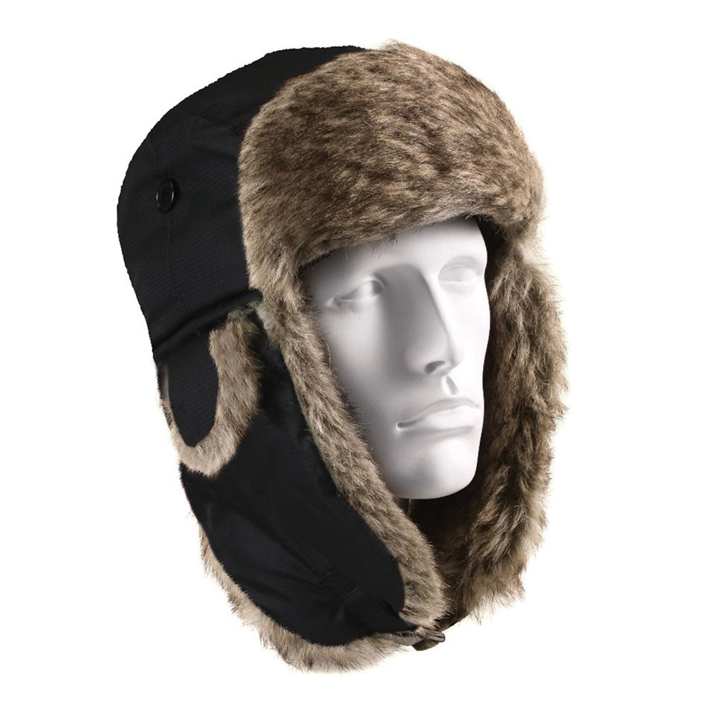 Fur Flyer's Hat – Black Ushanka Aviator Winter Hat with Brown-Gray Faux Fur Trim and Secured Ear Flaps on White Mannequin Head
