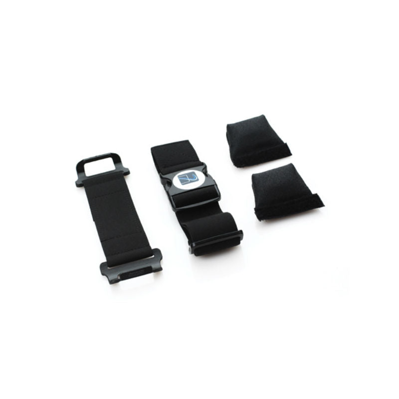 AppStrap® 5(S) Kneeboard components laid out on table including clip strap, leg strap, and tilt pads