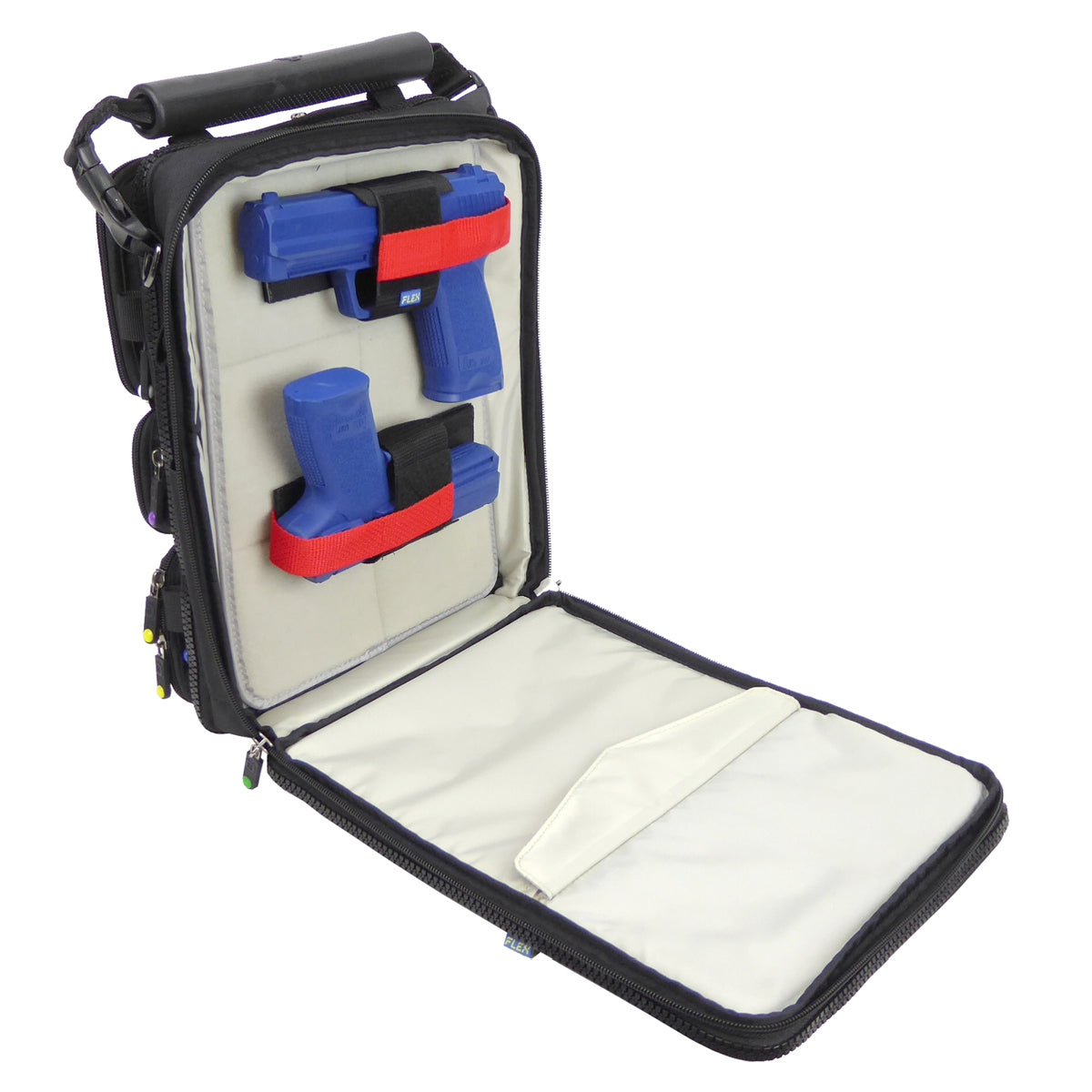 Two pistols stored in FLEX Holsters inside Brightline bag