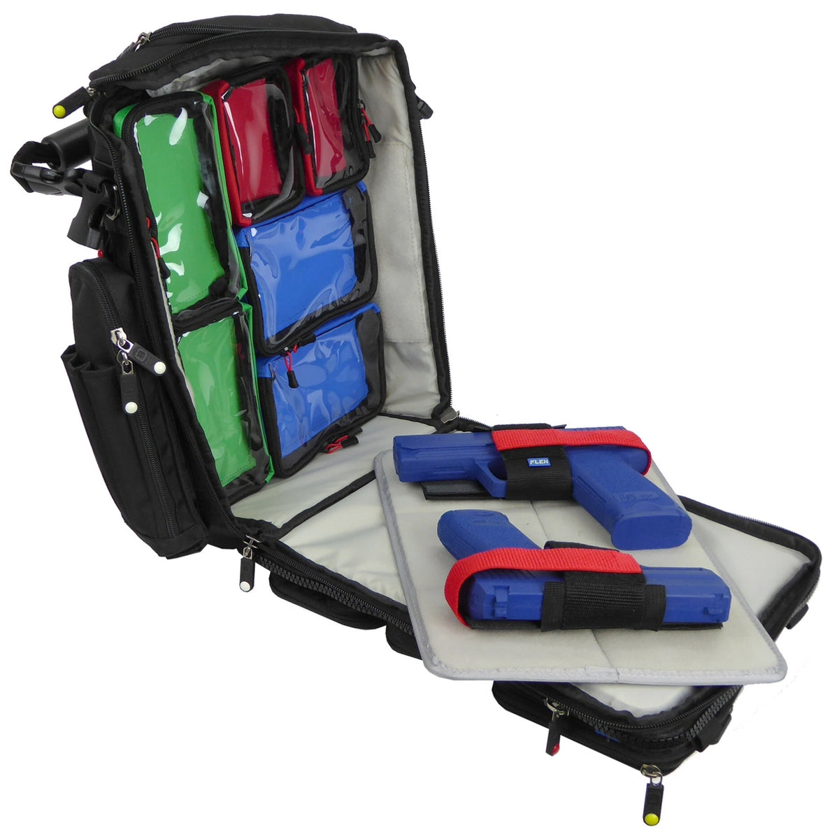 Open Brightline bag with two pistols secured in FLEX Holsters
