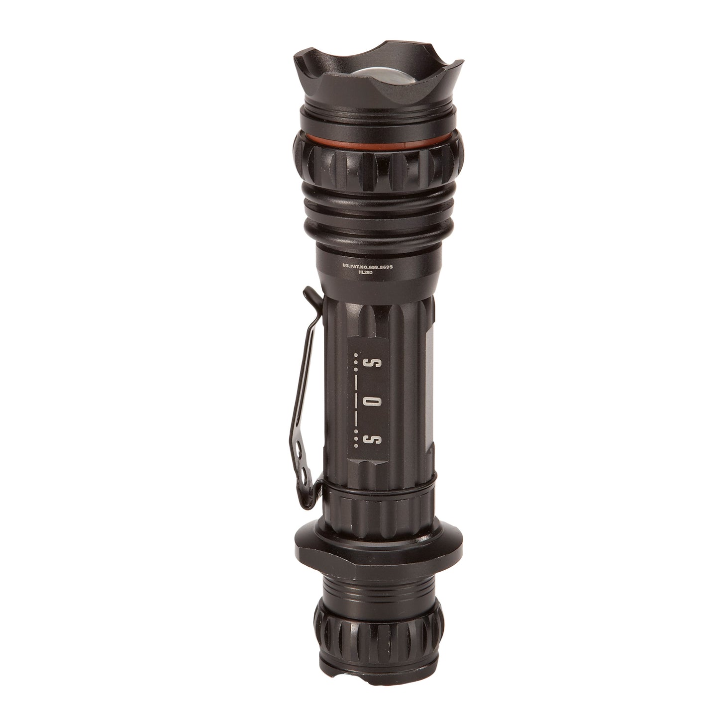 Detailed view of the flashlight’s convex lens, tactical edge, and orange stealth ring, showcasing its premium design features.