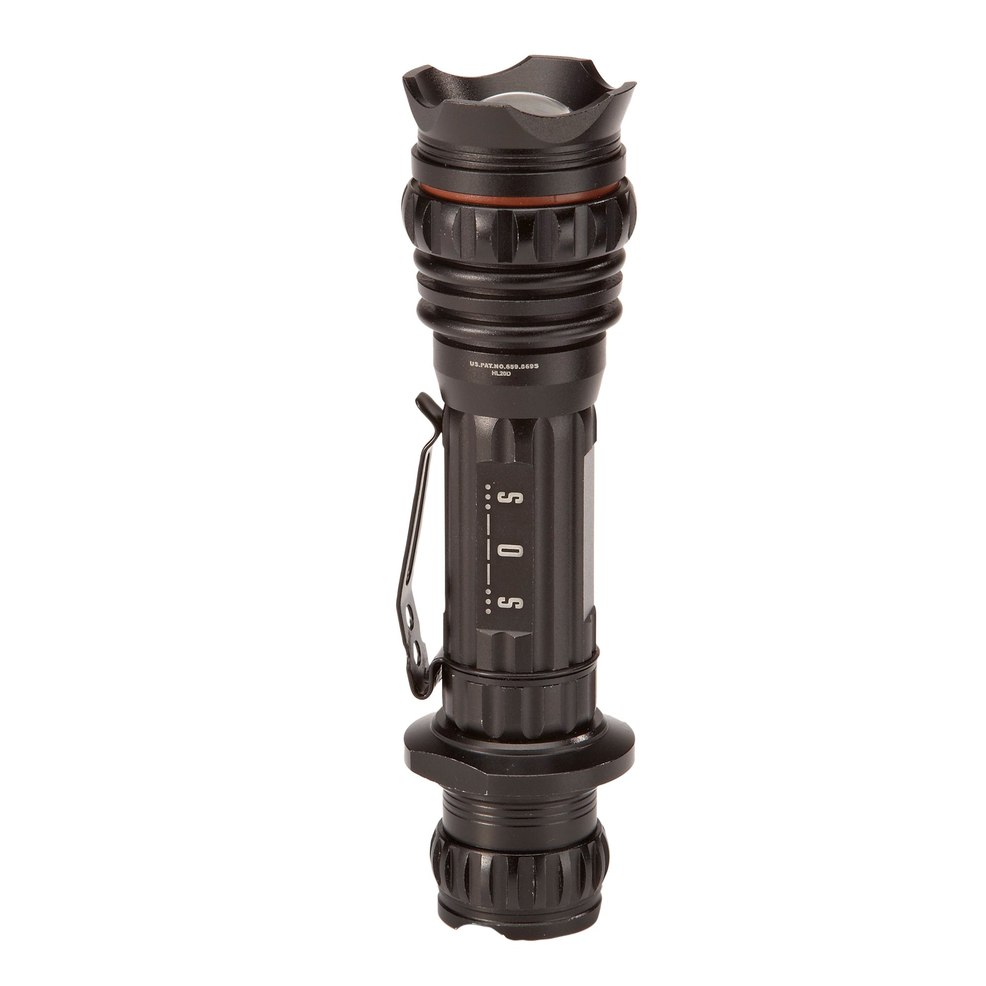 Detailed view of the flashlight’s convex lens, tactical edge, and orange stealth ring, showcasing its premium design features.