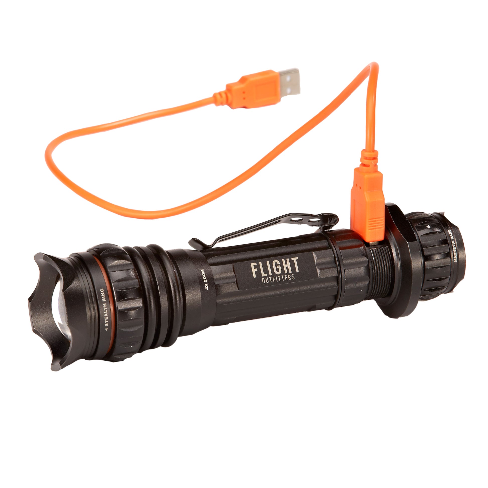 Close-up of the Flight Outfitters Bush Pilot Flashlight USB port, emphasizing its rechargeable design without the need for AA batteries.