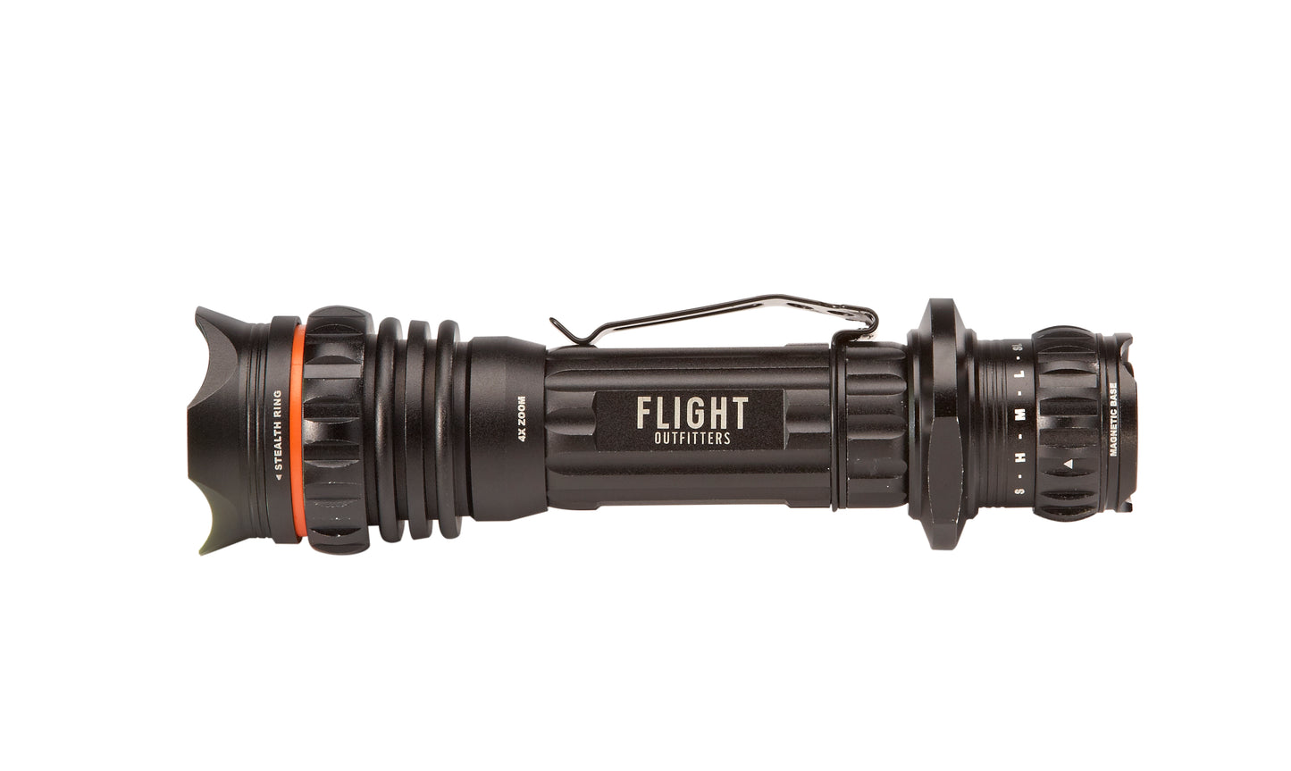 Rear view of the Flight Outfitters Bush Pilot Flashlight with branded details and functional components.