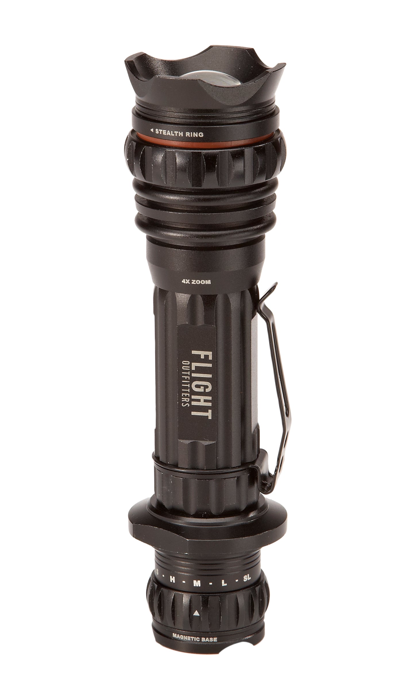 Rear view of the Flight Outfitters Bush Pilot Flashlight with branded details and functional components.