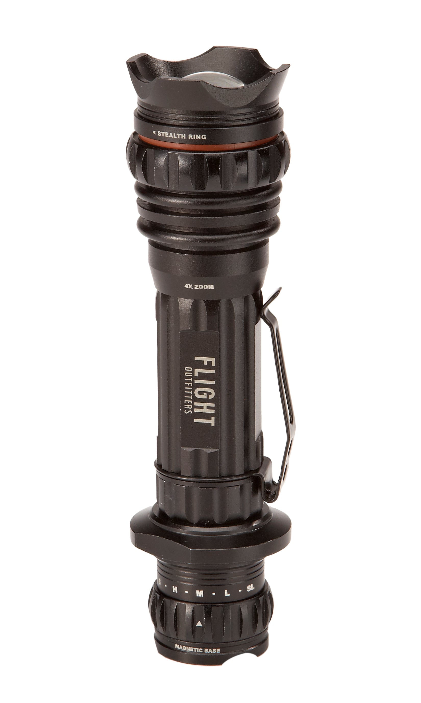 Rear view of the Flight Outfitters Bush Pilot Flashlight with branded details and functional components.