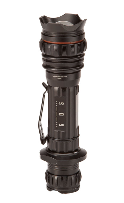 Flight Outfitters Bush Pilot Flashlight in strobe mode, signaling SOS Morse Code for emergencies.