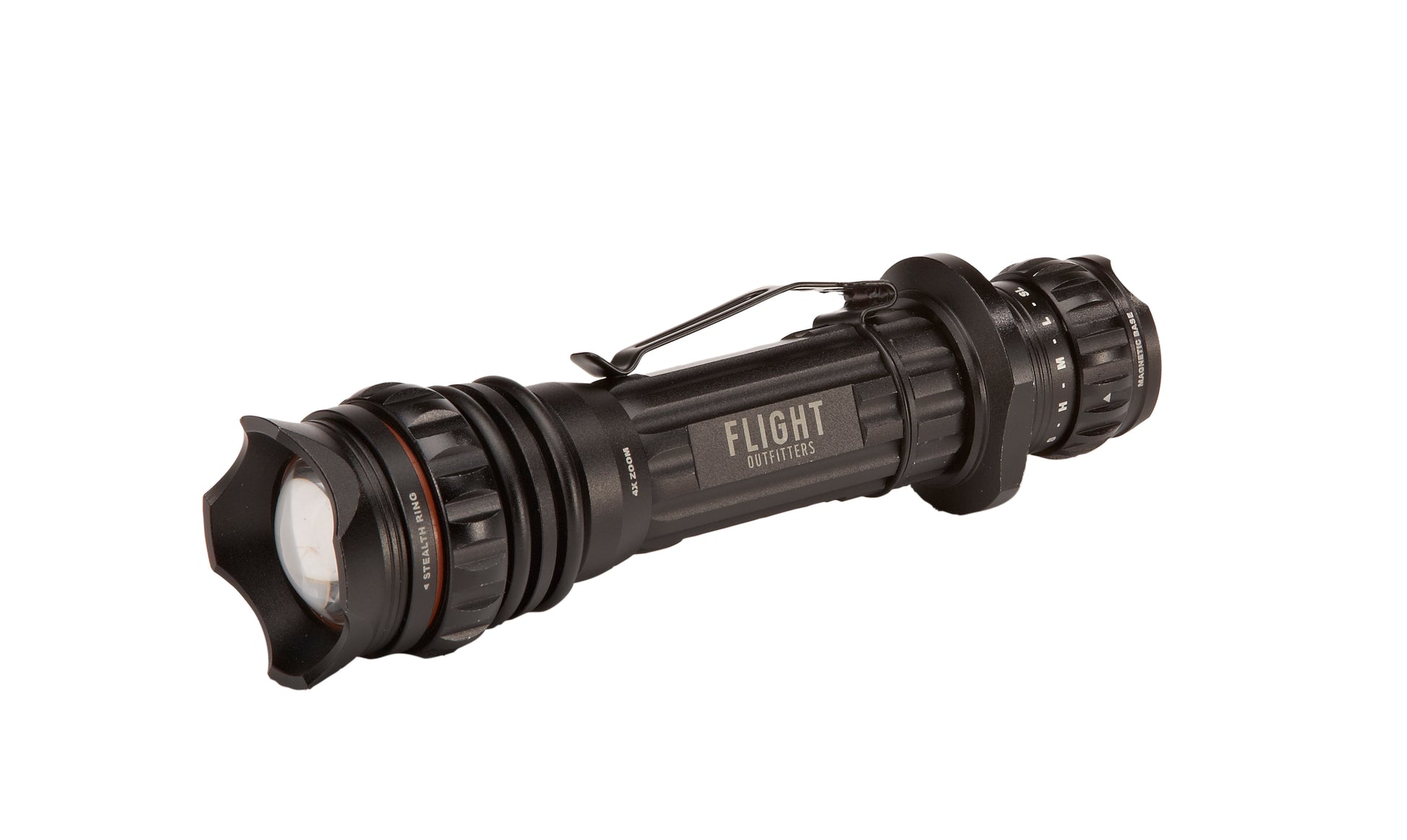 Rear view of the Flight Outfitters Bush Pilot Flashlight, highlighting its tail cap design.