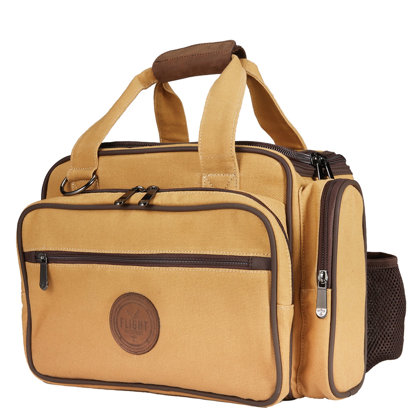 Front view of the Flight Outfitters Bush Pilot Flight Bag, showcasing its rugged canvas and leather accents.